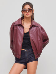 Faux Leather Collar Solid Pocket Zipper Bomber Jacket