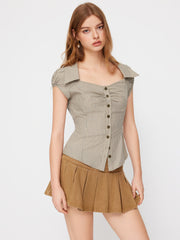 100% Cotton Collar Stripe Belted Short Sleeve Blouse