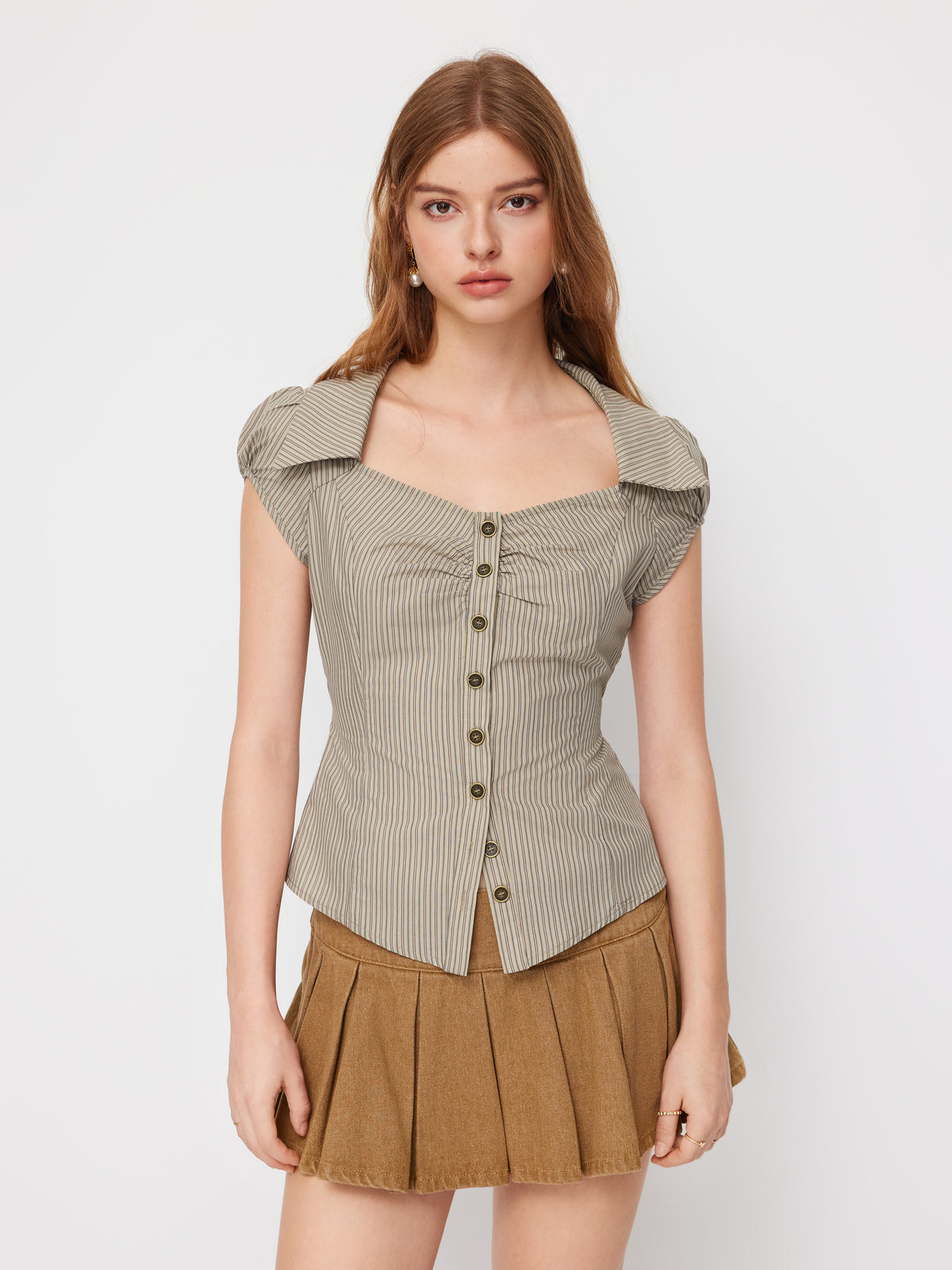 100% Cotton Collar Stripe Belted Short Sleeve Blouse