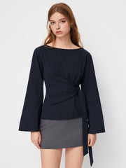 Boat Neck Stripe Knotted Bell Sleeve Blouse