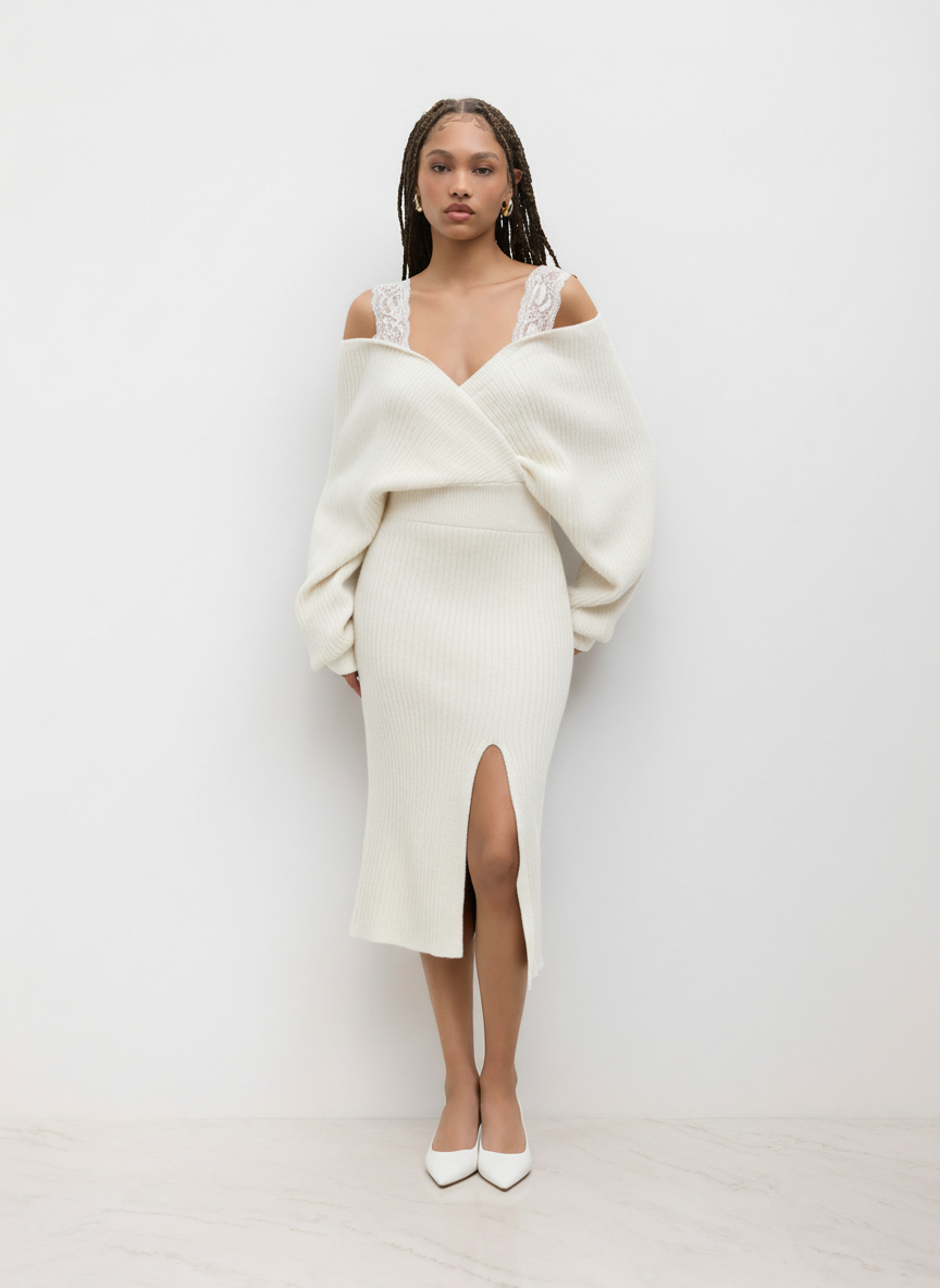 Knit Off-Shoulder Wrap Lace Split Midi Dress
