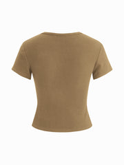 Round Neckline Solid Button Short Sleeve Top