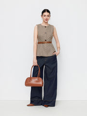 Round Neckline Houndstooth Blazer Vest With Belt