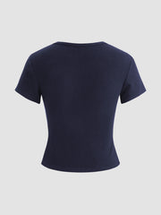 Round Neckline Solid Button Short Sleeve Top