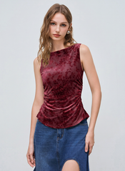 Boat Neck Floral Knotted Ruched Crop Tank Top