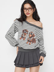 Cotton-blend Asymmetrical Neck Striped Puppies Graphic Oversized Sweatshirt