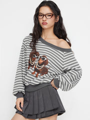 Cotton-blend Asymmetrical Neck Striped Puppies Graphic Oversized Sweatshirt