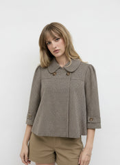 Jacquard Peter Pan Collar Houndstooth Three-quarter Length Sleeve Oversized Blouse