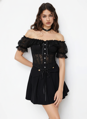 Lace Off-shoulder See-through Lace Up Corset Blouse