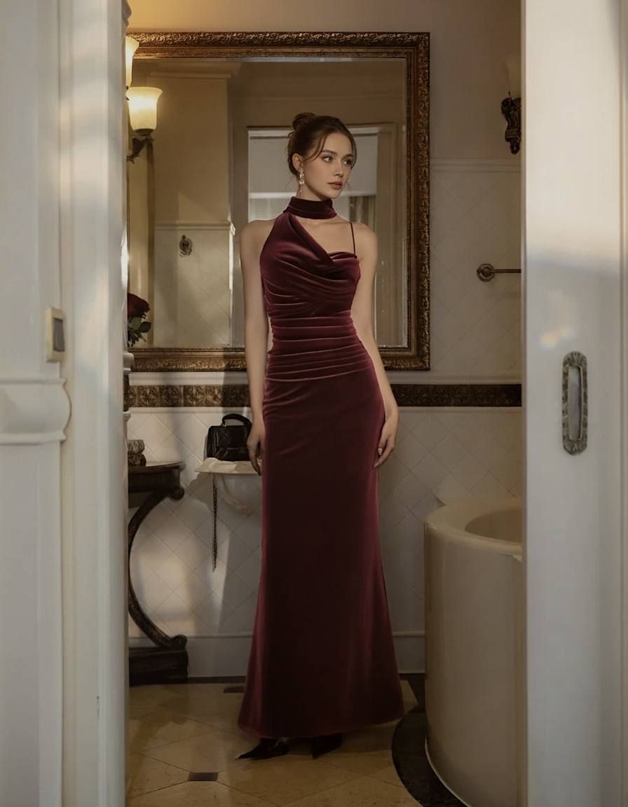 Velvet Halter Neckline Ruched Cami Maxi Dress With Scarf