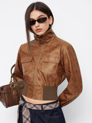 Two Way Faux Leather Funnel Neck Belted Crop Biker Jacket