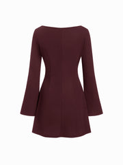 Boat Neck Bell Sleeve Tie Side Ruched Mini Dress
