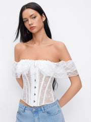 Lace Off-shoulder See-through Lace Up Corset Blouse