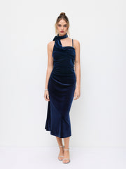 Velvet Halter Neckline Ruched Cami Maxi Dress With Scarf
