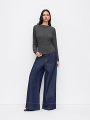 Boat Neck Batwing Sleeve Ruched Cinched Waist Top
