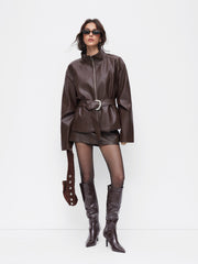 Faux Leather Stand Collar Zip Through Jacket With Belt