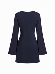 Round Neckline Side Belted Pleated Bell Sleeve Mini Dress