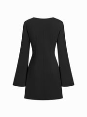 Round Neckline Side Belted Pleated Bell Sleeve Mini Dress