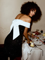 Sequin Off-shoulder Solid Bowknot Mini Dress