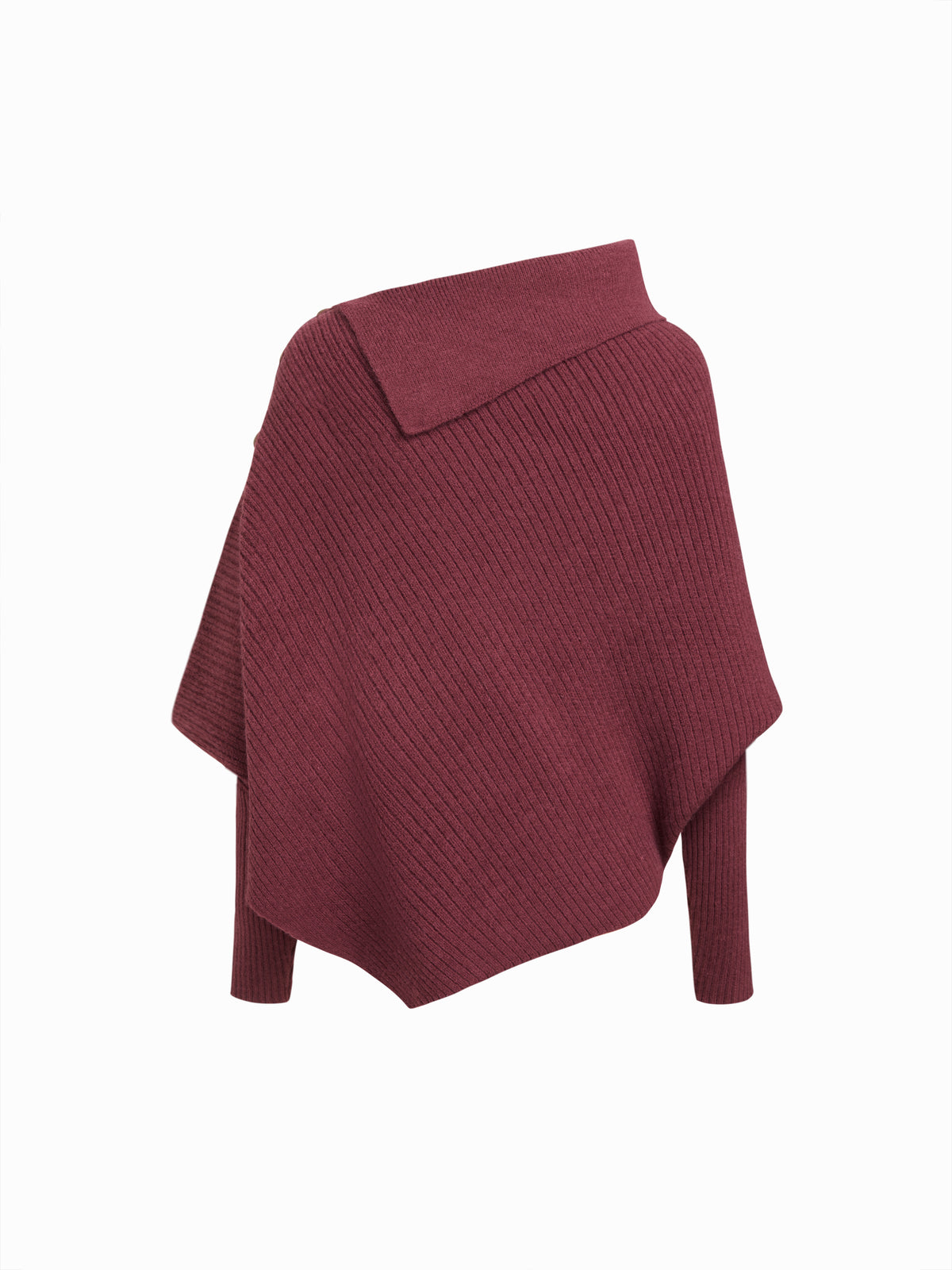 Knit Asymmetrical Neck Poncho Long Sleeve Sweater