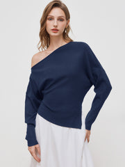 Knit Asymmetrical Neck Solid Ruched Long Sleeve Top