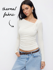 Thermal Cotton-blend Asymmetrical Neck Long Sleeve Ruched Top