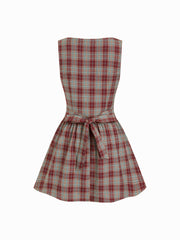 Plaid Asymmetrical Neck Ruched Tie Back Mini Dress