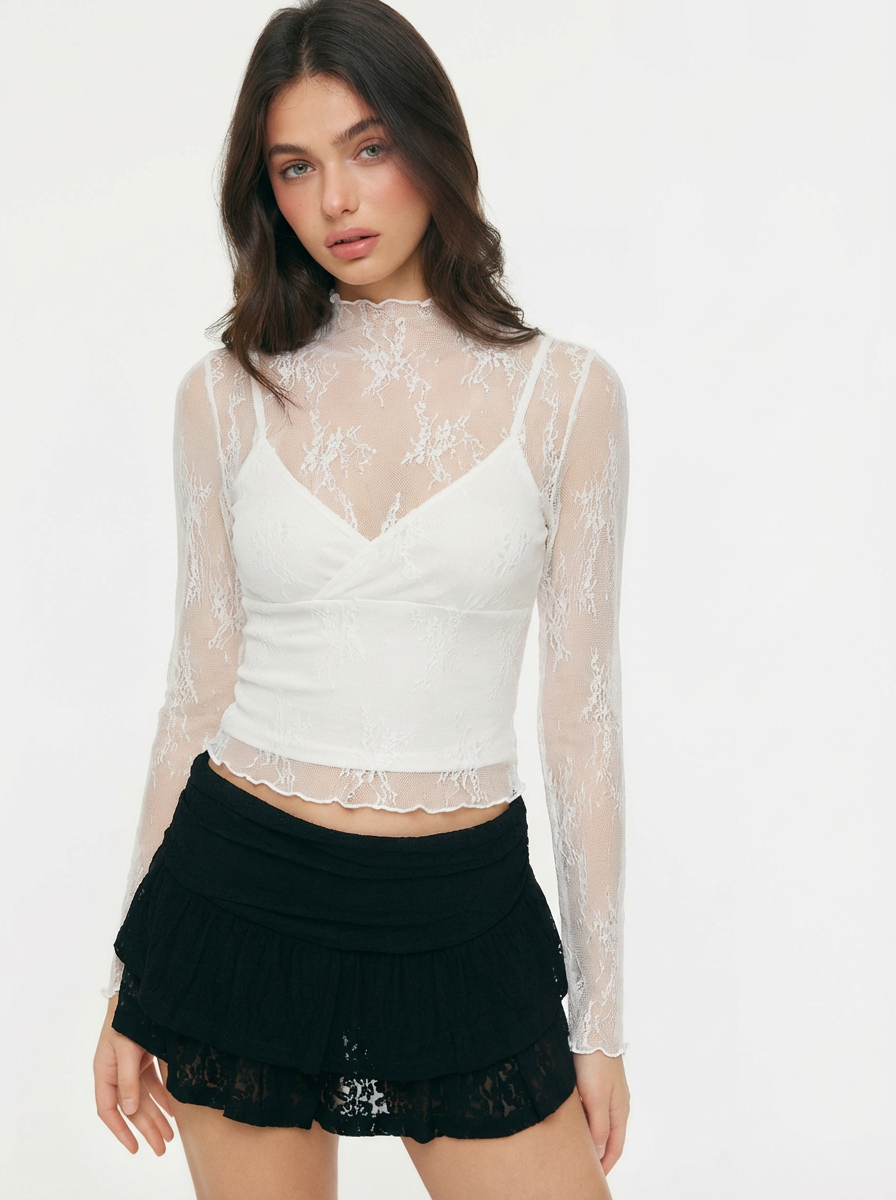 High Neck Lace Floral Blouse & Solid Crop Cami Top Set